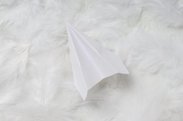 Avion en papier et plumes sur fond blanc