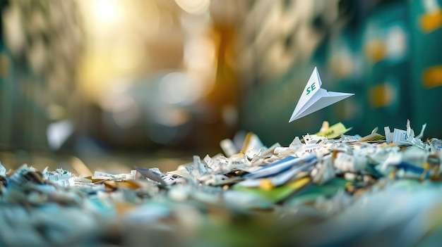 Photo un avion de papier sos ou une page pliée à la hâte sort de la pile de dossiers avec un help à peine lisible griffonné dessus