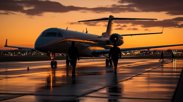 Avion de passagers à l'aéroport au coucher ou au lever du soleil Rapport d'aspect 21 à 9 IA générative