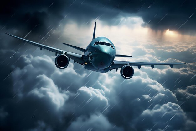 Photo avion de passagers approchant de la foudre d'orage turbulente