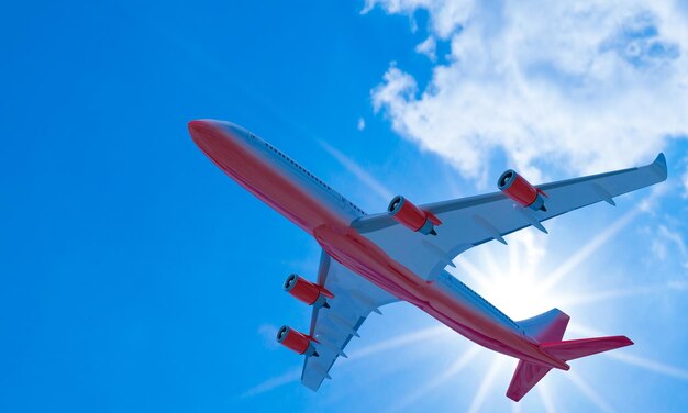 Photo avion de passagers bandes rouges blanches volant dans le ciel sur un jour bleu vif nuages blancs