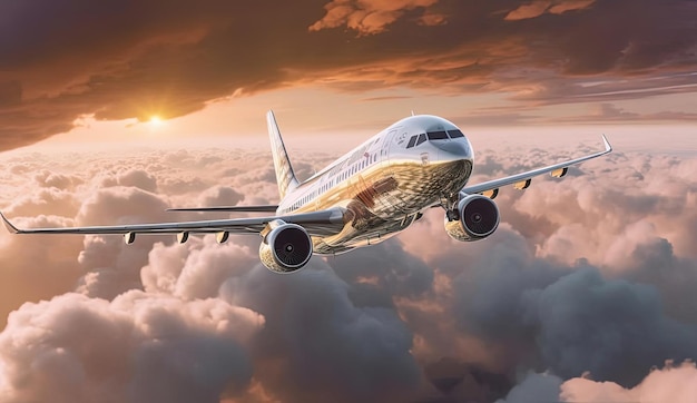 un avion de passagers blanc dans les airs avec des nuages colorés au-dessus dans le style de l'or foncé