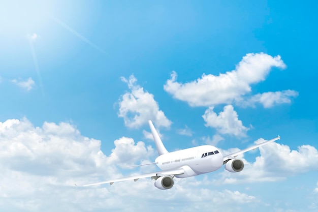 Avion de passagers blanc volant dans le ciel nuages incroyables en arrière-plan Voyage en transport aérien