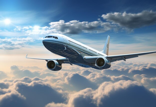 un avion de passagers Boeing vole à travers le ciel au-dessus d'un ciel rempli de nuages dans le style du photoréalisme blanc foncé et argenté