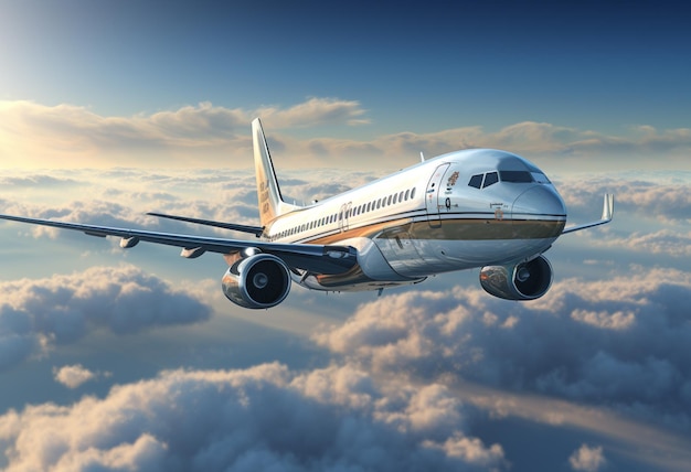 un avion de passagers Boeing vole à travers le ciel au-dessus d'un ciel rempli de nuages dans le style du photoréalisme blanc foncé et argenté