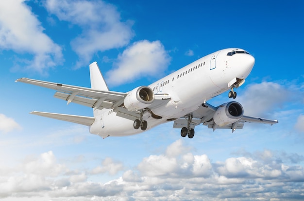 Avion de passagers avec le châssis libéré avant l'atterrissage à l'aéroport contre le ciel bleu.