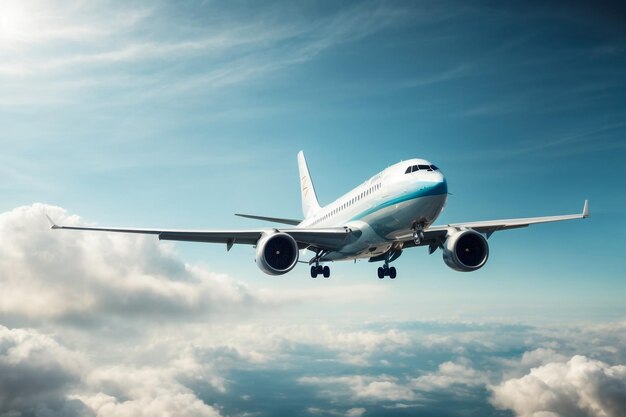 Photo avion de passagers commercial avec drapeau américain sur la queue ciel nuageux bleu en arrière-plan