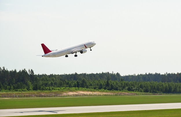 L'avion de passagers décolle de la piste de l'aéroport en forêt.