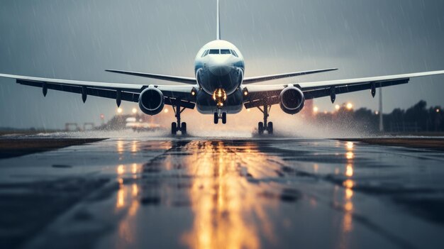 Un avion de passagers décolle de la piste le soir.