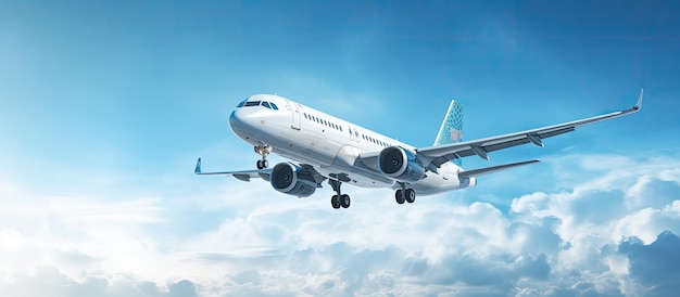Un avion de passagers est vu d'en bas sur un fond de ciel bleu avec espace de copie L'avion est