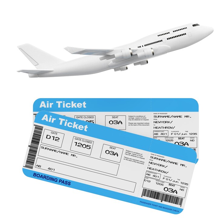 Photo avion de passagers jet blanc avec billets d'embarquement de la compagnie aérienne sur un fond blanc. rendu 3d
