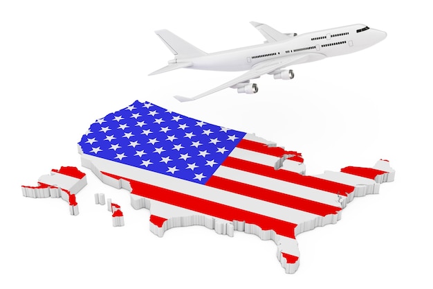 Avion de passagers Jet blanc survolant la carte des États-Unis avec drapeau sur fond blanc. Rendu 3D