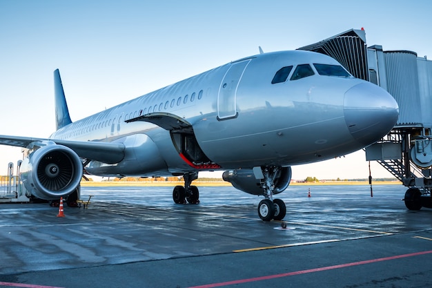 Avion de passagers stationné sur une passerelle d'embarquement avec compartiment à bagages ouvert