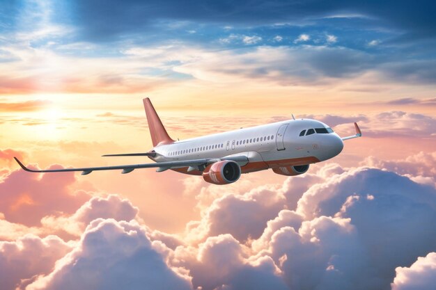 un avion de passagers survole les nuages contre le fond du soleil couchant le soir