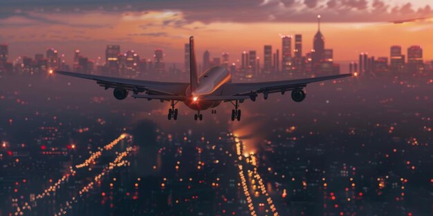 Un avion de passagers survole la ville de nuit.