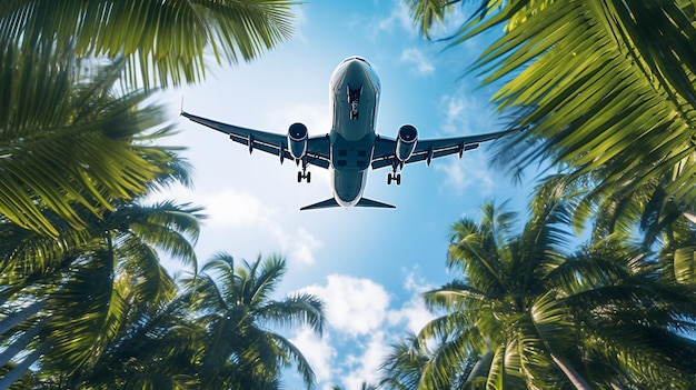 avion de passagers volant au-dessus de la paume tropicale