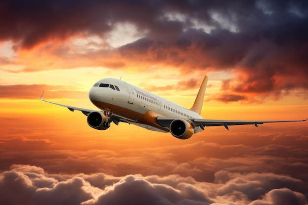 Un avion de passagers vole au-dessus des nuages dans la lumière du coucher du soleil.