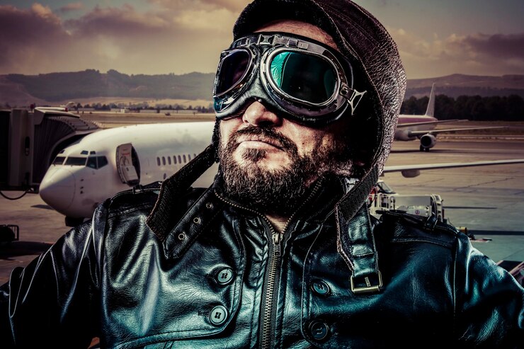 Photo avion, pilote pride avec veste en cuir noir et vieilles lunettes