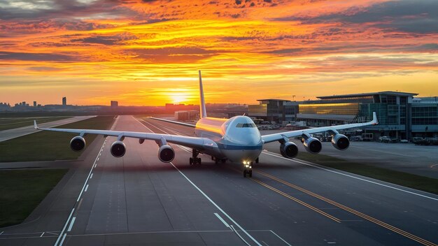 Avion sur la piste d'un aéroport au coucher du soleil