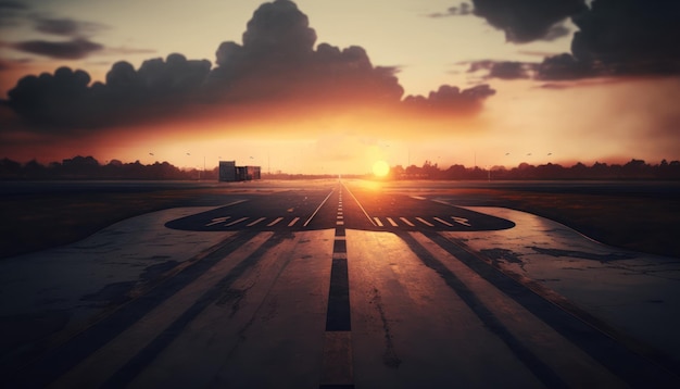 Un avion sur une piste au coucher du soleil avec le soleil couchant derrière lui.