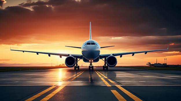 Un avion sur la piste de direction à l'aéroport dans le contexte d'un ciel pittoresque