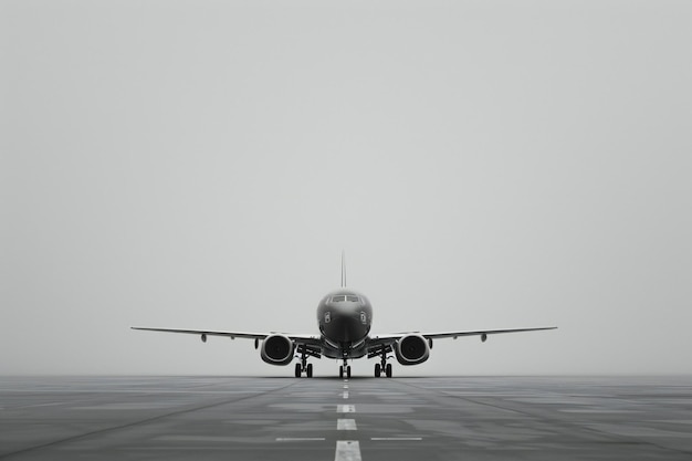 Photo un avion sur la piste par une journée de brouillard