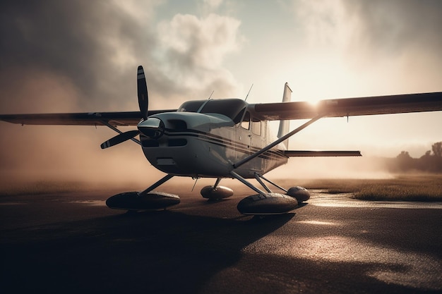 Un avion sur une piste avec le soleil qui brille sur le côté gauche