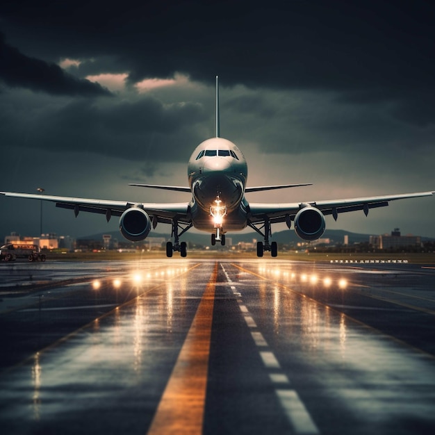 Avion sur la piste sous la pluie rendu 3d