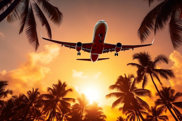Un avion planant au-dessus des palmiers contre un ciel vif au coucher du soleil Generative Ai