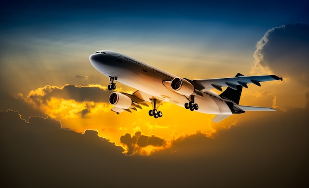 Avion pour le transport volant sur le ciel coucher de soleil