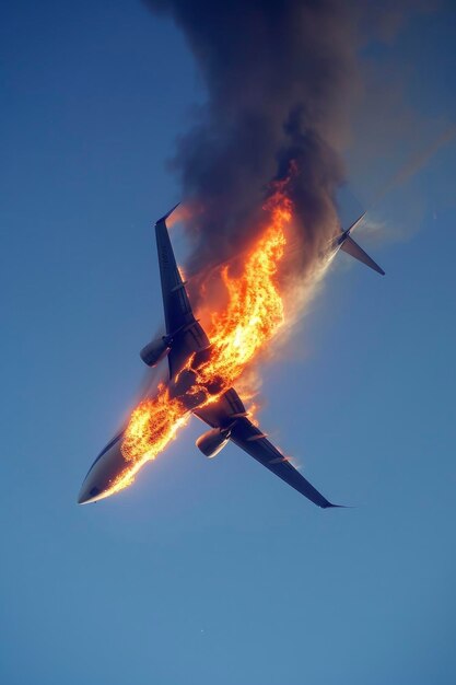 Photo un avion a pris feu en dessous alors qu'il volait sur le fond d'un ciel bleu clair et immaculé.