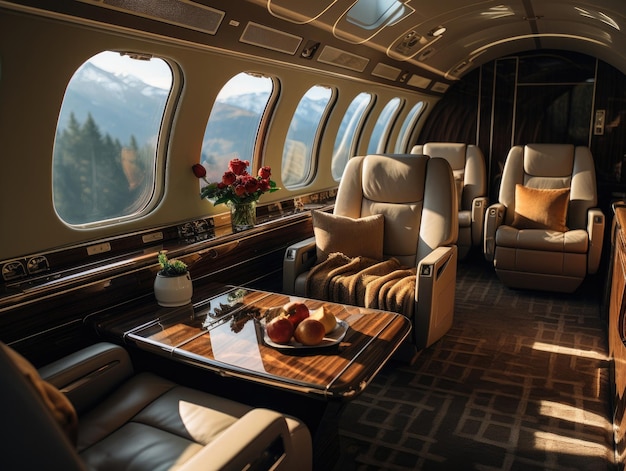 Un avion privé avec des sièges en cuir beige et une table à plateau dans le style du luxe moderne surplombant le ciel à travers une fenêtre Generative AI