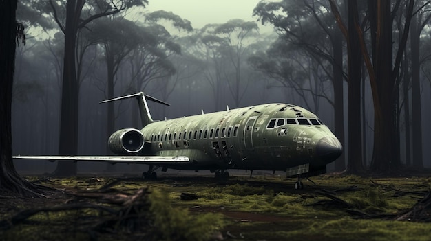 Avion à réaction abandonné dans la forêt Détails réalistes et Zombiecore
