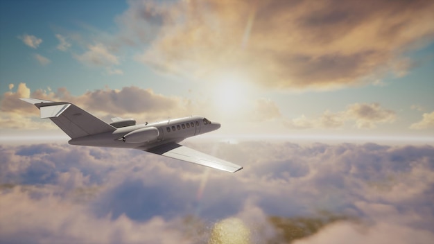 Avion à réaction privé volant au-dessus des nuages dramatiques rendu 3d