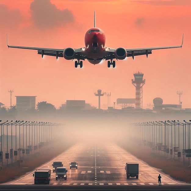 un avion rouge décolle d'une piste d'aéroport