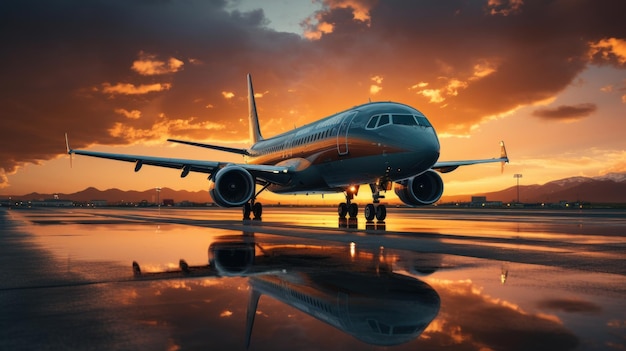 Avion et route avec effet de flou de mouvement au coucher du soleil Paysage avec avion de passagers