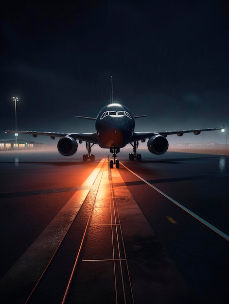 Avion s'approchant de la caméra Avion sur la piste d'atterrissage de l'aéroport Avion décollant de nuit AI générative
