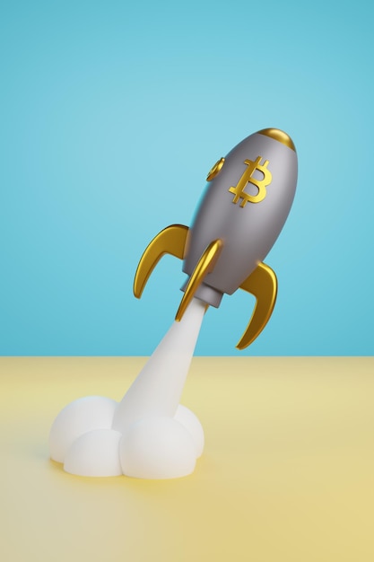 Avion spatial de dessin animé avec signe bitcoin décollant illustration 3D