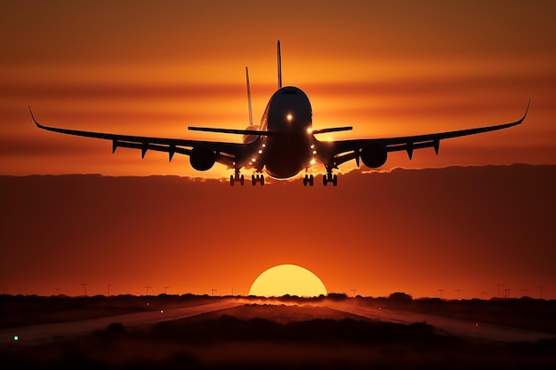 Un avion survole une piste avec le soleil en arrière-plan.