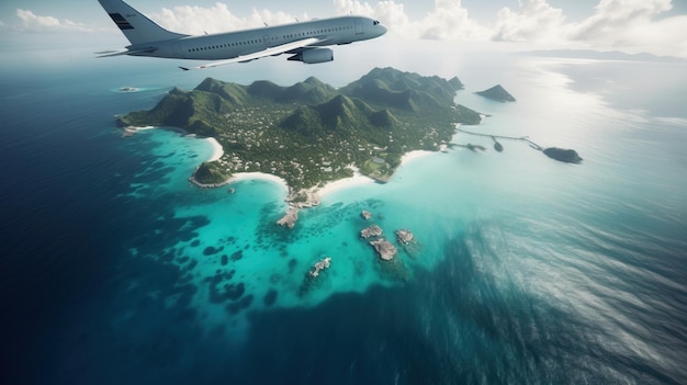 Un avion touristique de ligne vole sous une île exotique tropicale dans l'océan de la mer bleue générée par l'IA