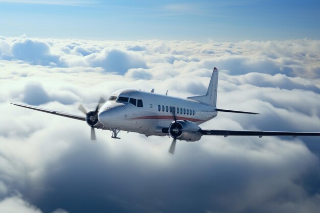 avion à turbopropulseur en vol au-dessus des nuages journée ensoleillée