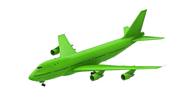 Avion vert sur fond isolé blanc. Gros avion de ligne de grande capacité pour les longs vols transatlantiques. illustration 3D.