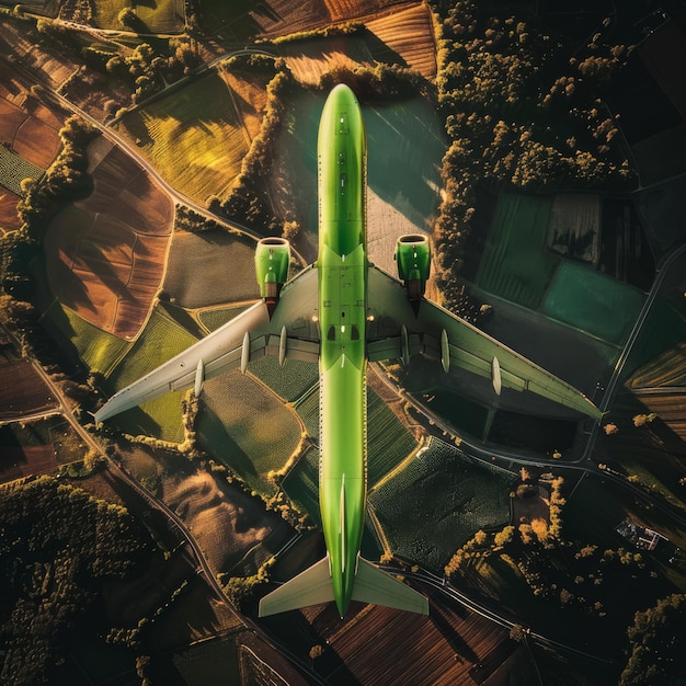Photo un avion vert avec une queue verte vole au-dessus d'un champ de maïs