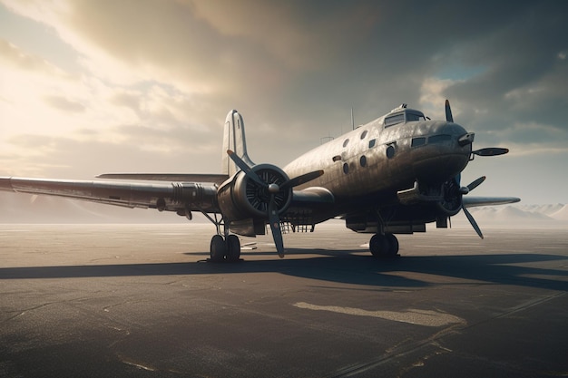 Un avion vintage est garé sur une piste avec le soleil qui brille sur le côté gauche.