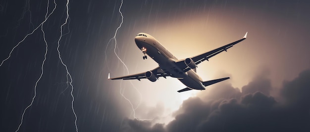 Avion en vol traversant un orage AI générative