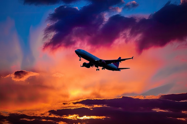 Avion volant au-delà du coucher du soleil avec des couleurs vives dans le ciel créé avec une IA générative