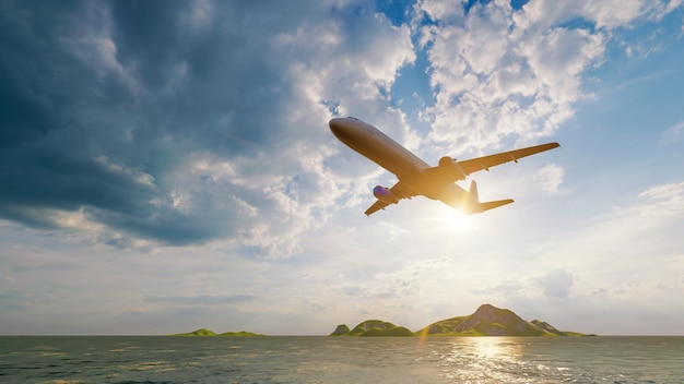 Avion volant au-dessus de la mer de l'océan avec la lumière du soleil qui brille sur fond de ciel bleu Voyage de voyage et concept de transport Wanderlust rendu d'illustration 3D