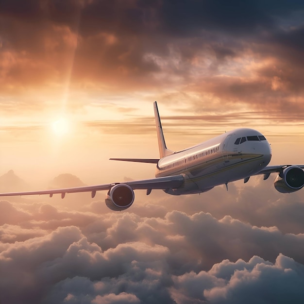 Photo avion volant au-dessus des nuages au coucher du soleil concept de voyage rendu 3d