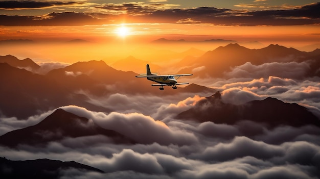 Avion volant au-dessus des nuages au lever du soleil Generative AI