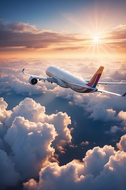 Photo un avion volant au-dessus des nuages dans la lumière du coucher du soleil